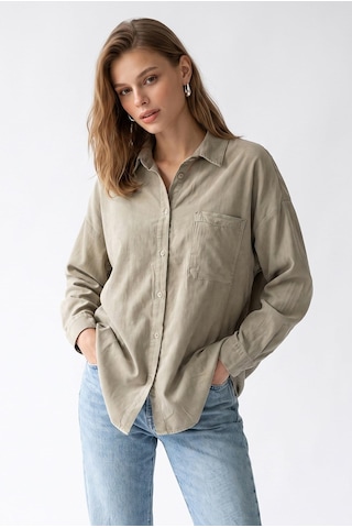Mixray 4963 Kadın Tencel Kumaş Oversize Cepli Uzun Kollu Gömlek Vizon