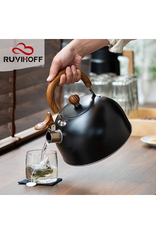 Mufunye 3l Paslanmaz Çelik Kaynar Su Potu, Ahşap Desenli Kollü, Modern Mutfak/bar İçin Zilli, Siyah, Dayanıklı, Çok Amaçlı Diğer