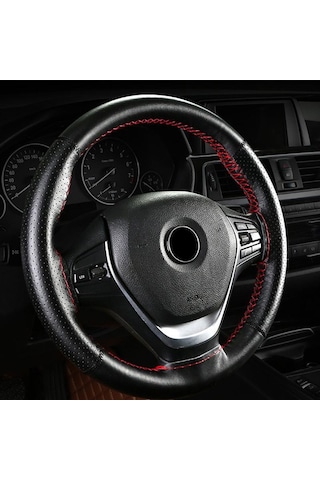 Siyah Ve Kırmızı Seametal Hakiki Deri Araba Direksiyon Kılıfı Dıy Örgü Kılıfı Ve İğneler Konu 38 Cm Çapı Için Fit