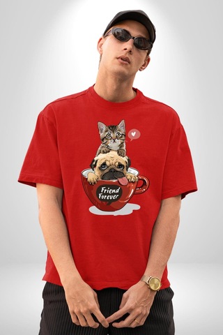 Kedi Ve Köpek Sonsuzadek Arkadaşız Pamuklu Bisiklet Yaka Unisex Oversize Boyfriend Dijital Baskılı Kırmızı T-shirt Kırmızı
