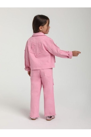 Escabel Kız Çocuk Yıldız İşlemeli Cep Detaylı Tasarım Pembe Kot Ceket-15651 Pembe