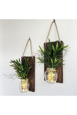 Led Işıklı, Yeşil Bitki Çiçekli Duvar Dekoru Ceviz İkili Set Ceviz