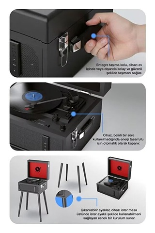 Bluetooth Nostaljik Ayaklı Pikap Plak Çalar Taşınabilir Çanta Tasarım, Usb & Aux Destekli Siyah