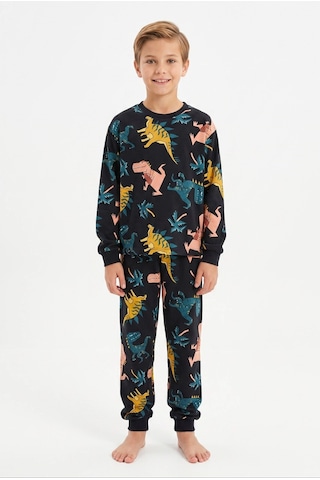 Bunny Hopp Erkek Çocuk Uzun Kollu Pijama Takımı %100 Pamuk Siyah Renkli Dinozor Desenli Penye