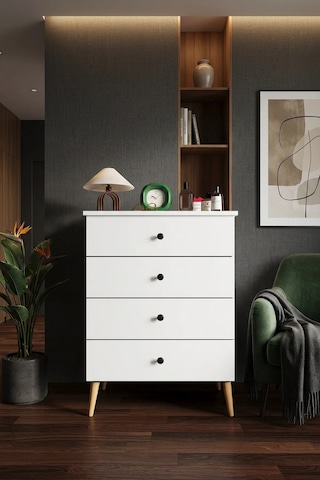 Lüks 4 Çekmeceli Şifonyer Komodin %100 Mdf Çok Amaçlı Düzenleyici Şf01 Beyaz
