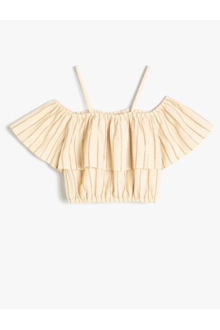 Koton Crop Bluz Düşük Omuz Askılı Kısa Kollu Pamuklu Bej Çizgili 4skg60166aw Ekru