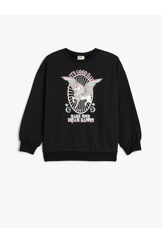 Koton Sweatshirt Unicorn Baskılı Uzun Kollu Bisiklet Yaka Şardonlu Siyah 5wkg10600ak Siyah