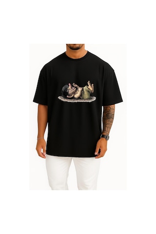 Bahriyeli Collection Oversize Troll Norway Norse Mythology Norwegian Gnome Göğüs Tasarımlı Unisex T-shirt Siyah