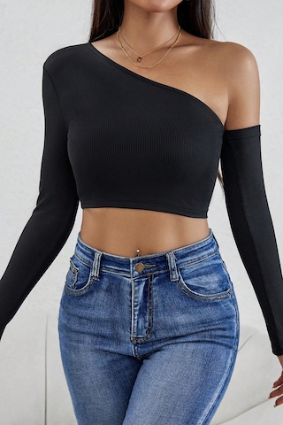Moda Dua Kadın Siyah Tek Omuz Detaylı Uzun Kol Crop Top Bluz