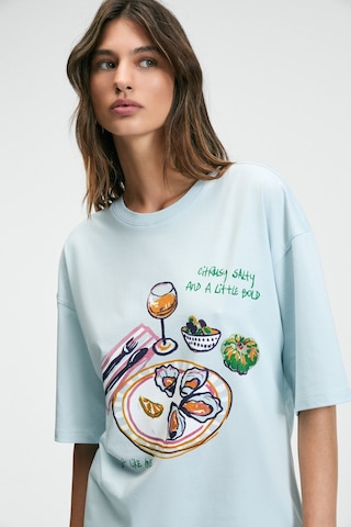Grımelange NITZA Kadın %100 Pamuk Oversize Bisiklet Yaka Mavi T-Shirt