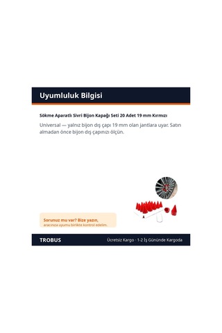 Trobus Sökme Aparatlı Sivri Bijon Kapağı Seti 20 Adet 19 Mm Kırmızı
