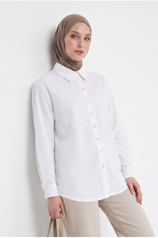 Armine Trend Gömlek Yaka Boydan Düğmeli Uzun Kollu Rahat Kesim Gömlek 75 Cm Boy Ekru 26yt455