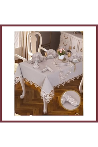 Storeşahin Gardenya Keten Karanfil Gri 26 Parça 12 Kişilik160 260 Cm Masa Takımı Shn0720