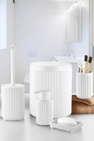 Lines Serisi Beyaz Banyo Seti, 5 Parça Lüks Akrilik Çöp Kovası, Fırça, Sabunluk Banyo Aksesuar Seti 3375 Beyaz
