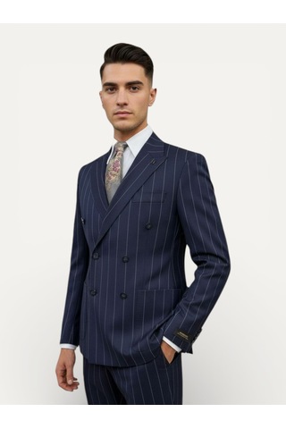 Hermose Sartorial Derin Lacivert Çizgili Kruvaze Takım Elbise