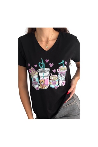 Cassime Kadın Siyah Ayıcık Kalp Çiçek Pul Payet İşlemeli V Yaka %100 Pamuk Tişört Büyük Beden Xl-2xl-3xl