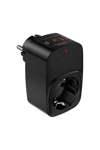 Tekli Yüksek Voltaj Korumalı Duvar Prizi 2x Type-c 1x Usb Çıkışlı Priz Grup Priz Çoğaltıcı Siyah 0-2