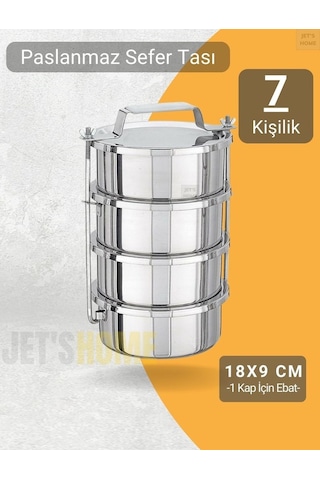 4 Lü Sefer Tası 18x9 Cm Yemek Taşıma Kabı Paslanmaz Çelik No:4 Kapasite 7 Kişilik Metalik Gri