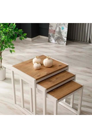 Doğal Ahşap Masif Panel Üçlü Zigon Sehpa Beyaz