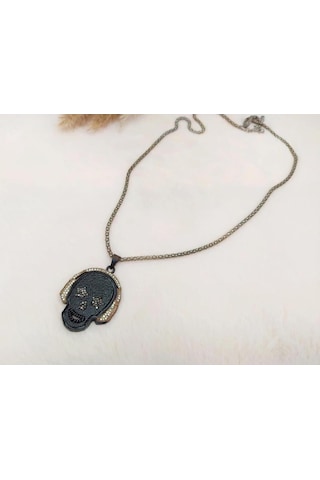 Hdmarketim Swarovski Taşlı Punisher Kurukafa Tema Tasarım Kolye Siyah
