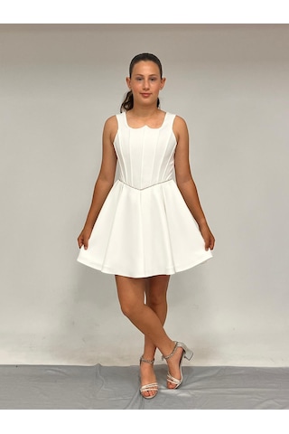 Kız Çocuk Abiye Krem Krep Kısa Bel İnce Şerit Taş Detaylı Taş Kısa Abiye Elbise 10-15 Yaş Krem