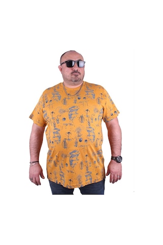 Starbattal Büyük Beden Sıfır Yaka Tişört Compass Holiday 23151 Hardal-Hardal Çok Renkli