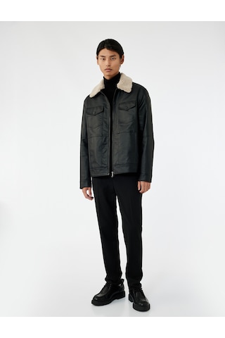 Koton Uzun Kollu Kapaklı Cep Detaylı Slim Fit Peluş Yaka Suni Deri Ceket Siyah 6wam20128hw