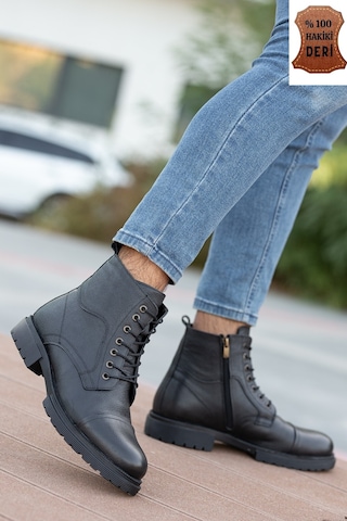 Garantili D4002 Hakiki Deri Soğuk Geçiremez Kışlık Erkek Bot Siyah