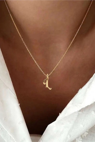925 Ayar Gümüş 14 Ayar Altın Kaplama L Harfi Vintage Harfli Kolye Retro Harf Kolye Gold