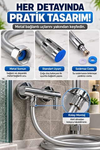 150 Cm Gri Pvc Duş Hortumu Esnek Banyo Duş Başlığı Hortumu Metal Bağlantılı Pratik Kullanım Tek Adet