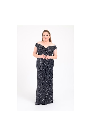 Lilas Xxl Kadın Büyük Beden Madonna Yaka Full Taş Ve Payetli Uzun Abiye Elbise 2439 Siyah Siyah