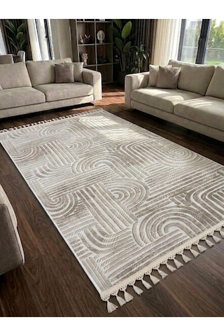 Kaymaz Taban Krem Bej Modern Desenli Yıkanabilir Saçaklı Salon Oturma Odası Mutfak Halı Yolluk