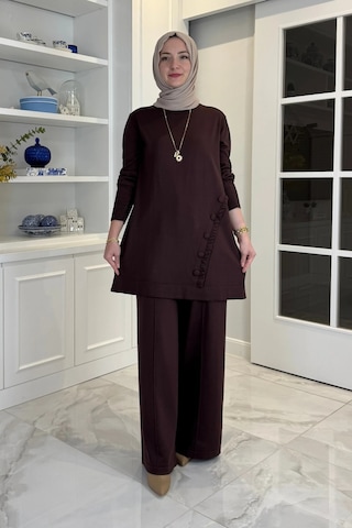 Rabia Şamlı Feryal Pantolonlu Triko Takım Acı Kahve Normal