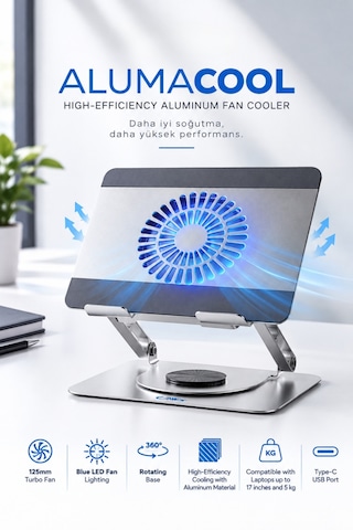 Alumacool Sessiz, Turbo Güçlü Alüminyum Laptop Soğutucu Stand