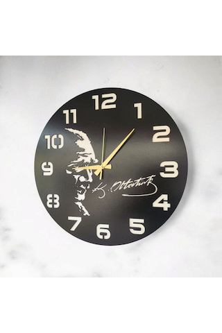 Atatürk İmza Ahşap Siyah Renk Sade Sayılı Hediyelik Sessiz Duvar Saati 50cm Siyah