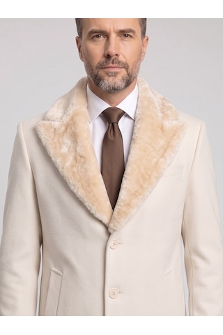 Plus Scorpion Erkek Uzun Kaşe Kaban Çıkartılabilir Kürk Yaka, Astarlı Ve Cepli Slim Fit Mont Krem