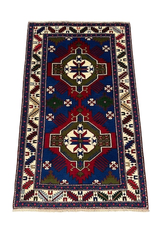 El Dokuması Sıfır Kafkas Halısı 128x210 Lacivert Yeşil Kök Boya %100 Yün Halı