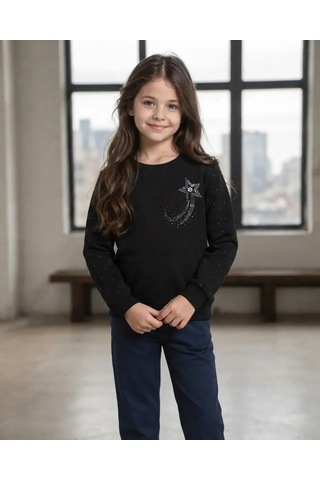 Alfa Kız Çocuk Siyah Taşlı Kol Taslı Sweatshirt