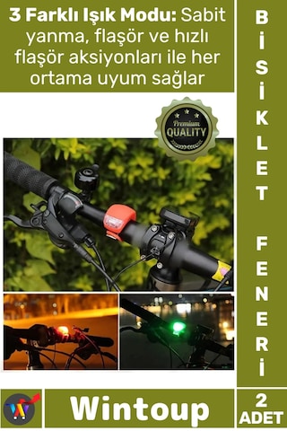 Bisikletfeneri Led 3 Fonksiyonlu Su Geçirmez Pilli Emniyet Lambası Güvenliği Bisiklet Feneri Seti