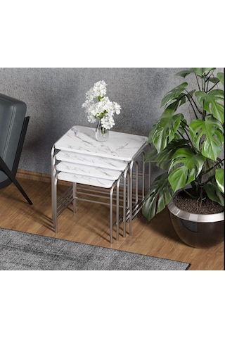 4'Lü Zigon Sehpa Nikelaj Ayaklı Beyaz Mermer Desenli