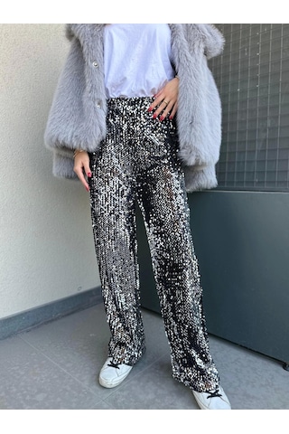 Keymoda Kadın Pullu Pantolon Gümüş Siyah