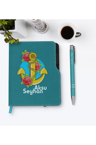 Kişiye Özel Çapa Tasarımlı Turkuaz Termo Deri Defter Kalem Seti-4