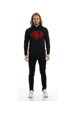 Polostate Erkek Polo State Süzine Nakışlı Kapüşonlu Sweat Siyah