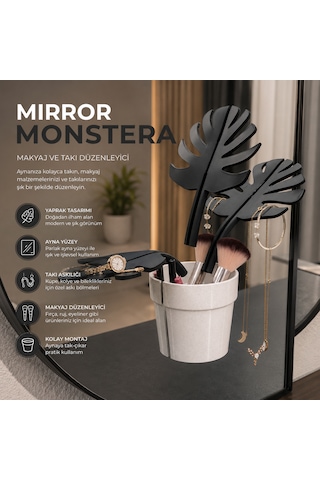 Mirror Monstera Aynaya Yapışan Makyaj Ve Takı Düzenleyici Monstera Yapraklı Modern Organizer 3d Baskı Dekoratif Ayna Aksesuarı Siyah - Beyaz