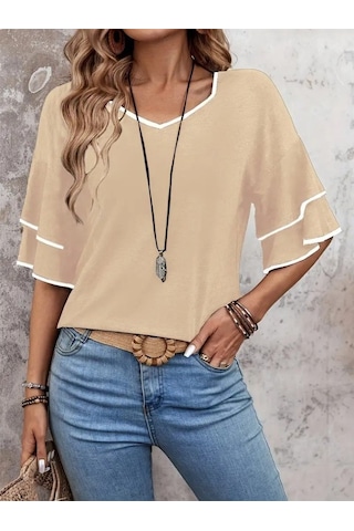 Modaserdem Kadın Kısa Kollu V Yakalı Viskon Bluz Bej