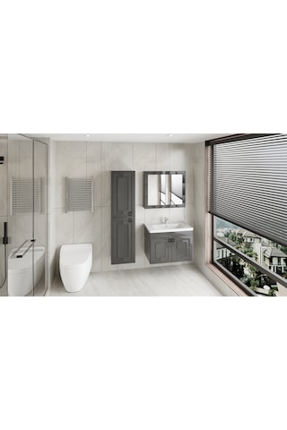 Mr Clk Antrasit Gri 80 Cm Banyo Alt Dolap + Üst Dolap + Yan Boy Dolap +lavabo Antrasit - Gri