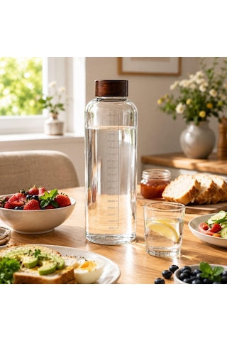 1000 Ml Akasya Kapaklı Cam Matara Ölçekli Su Şişesi Sızdırmaz Kapaklı Şeffaf Cam Suluk Çok Renkli