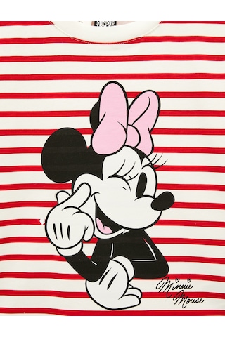 Koton Lisanslı Minnie Mouse Baskılı Kısa Kollu Bisiklet Yaka Pamuklu Çizgili Tişört Kırmızı Çizgili 6skg10654ak