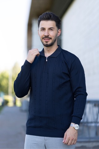 Hk Premium Triko Kazak Polo Yaka Fermuarlı Slim Fit Lacivert