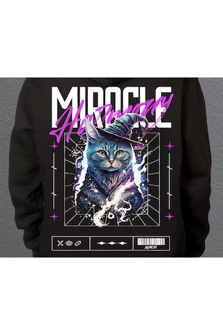 Bumeta Mucize Büyücü Kedi Cat Sweatshirt Unisex Kapüşonlu Hoodie 001